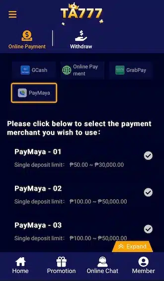 Step 1: Choose the PayMaya deposit method